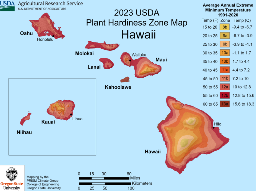 Hawaiian Islands colored by plant hardiness zones 2023