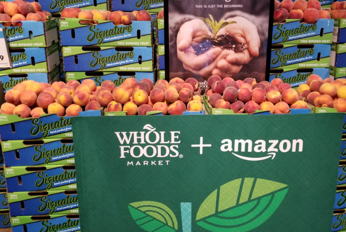 Peaches on a Whole Foods + Amazon display