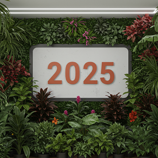 the word 2025 surrounded by tropical plants